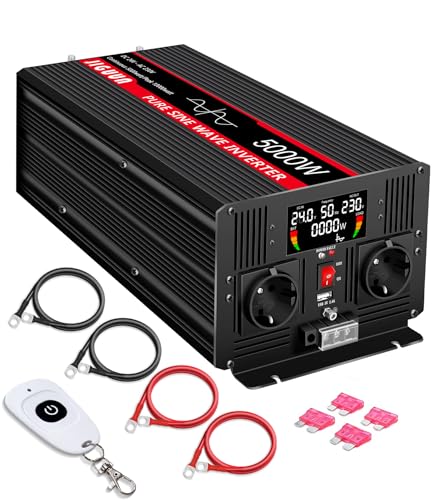 【PACCO E GARANZIA】 1 x 5000W Inverter 24V 220V onda pura , 1 x Manuale d'uso, 2 x Set di cavi della batteria (2 x rosso, 2 x nero), 1 x telecomando wireless, fusibile extra. Offriamo un anno di garanzia di sostituzione gratuita e un servizio clienti amichevole. Se avete domande sulla macchina, non esitate a contattarci.JIGUUN team risolverà i problemi per voi.
