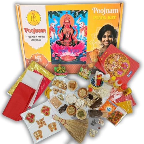 Poojnam Diwali Laxmi Pujan Premium Puja Samagri Kit - 47 Holy Essentials for Auspicious Diwali Celebration | Traditional Pooja Essentials