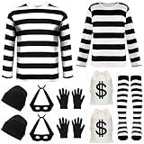 QZYL Halloween Men Robber Costume Set, Men Kids Thief Cosplay Striped Shirt Mask Gloves Beanie Cap Bag for Halloween Thief
