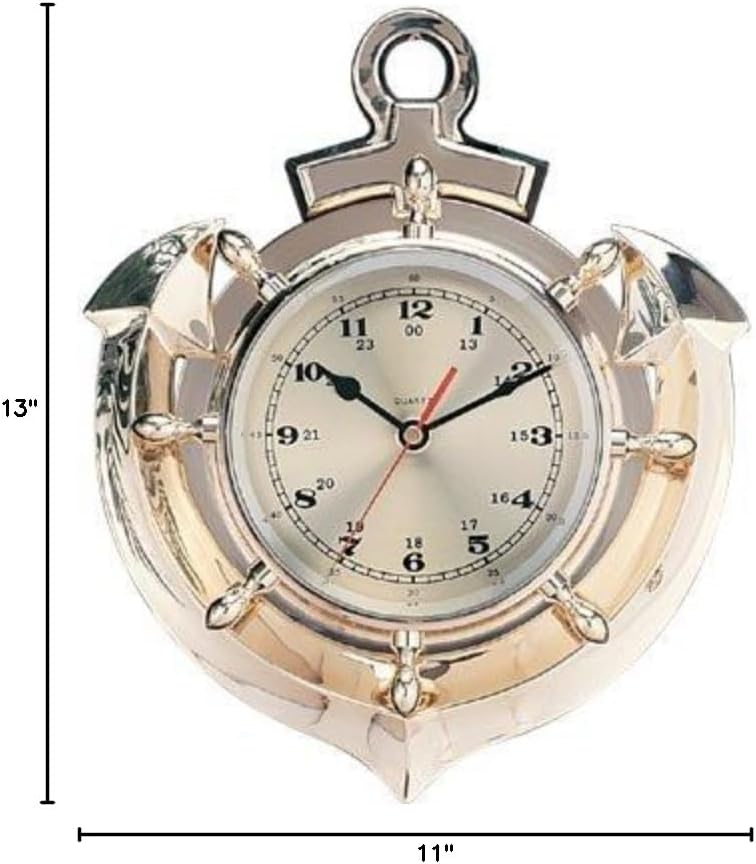 HS Polished Brass Anchor & Ship Wheel Quartz Clock
