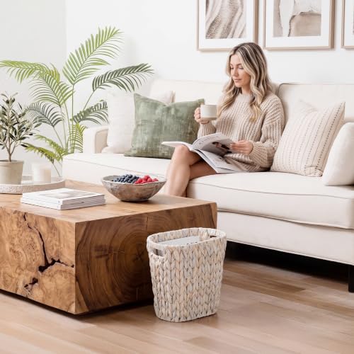 Image of StorageWorks 4.5 Gallon Slim Bathroom Trash Can with Built-in Handles, Wicker Waste Basket for Bathroom and Bedroom, Decorative Water Hyacinth Office Garbage Cans, Narrow Trash Bin for Decor, White
