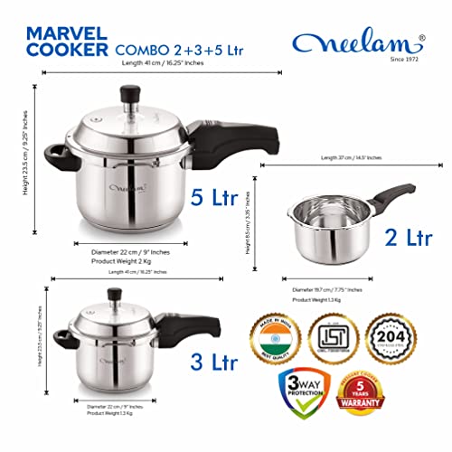 Image of Neelam Stainless Steel Ultra Pressure Cooker Combo Set -2 Litres, 3 Litres & 5 Litres, Outer Lid (Induction Friendly)