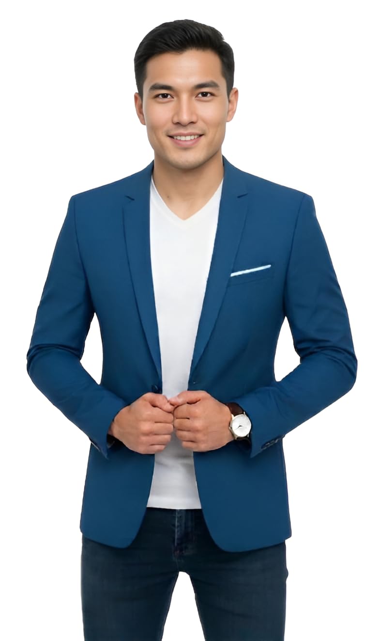 Men's Slim Fit Blazer, Blue, Smart Casual Sport Coat with Chest Pocket, Business Style