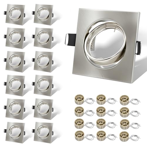 LteelDay 12x Cadres Encastrables LED avec Douille GU10, Carrés Nickel Brossé en Métal, Découpe 68-80 mm, Orientables à 30°, Incl. Douille GU10 pour Ampoules LED ou Halogènes