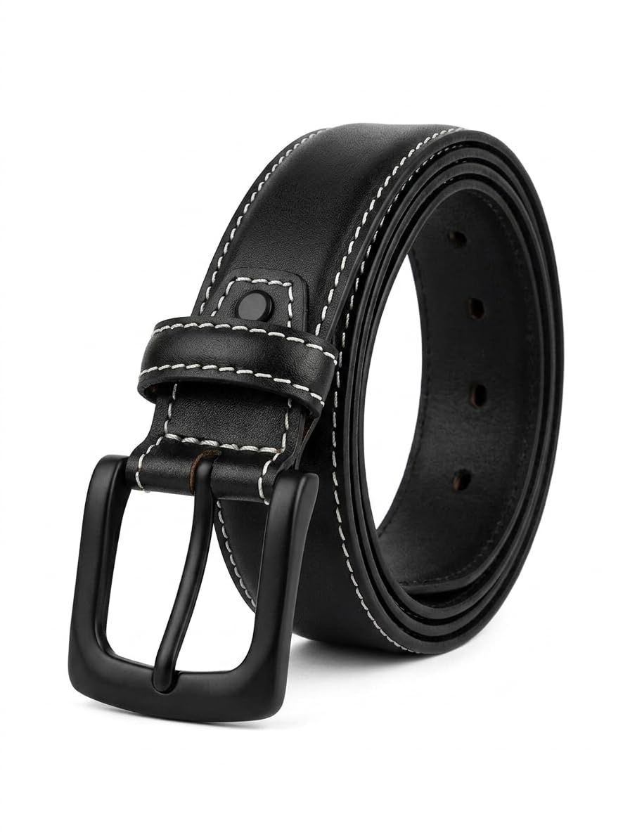 Men's Black Genuine Leather Belt with Sidestitching Stitching, Matte Black Pin Buckle, Casual Style, 40mm Profile-picture-49