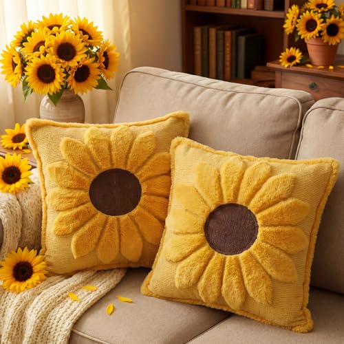 Gilprop Set of 2 Yellow Sunflower Pillow Covers 18x18 Embroidered Spring Summer Floral Pillow Covers Room Decor Decorative Cute Faux Fur Soft Flower Farmhouse Decor for Bed Couch Dormitories