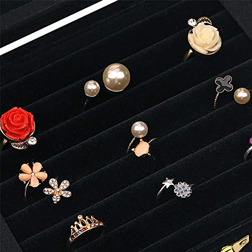 Image of BucketList Women's Velvet Glass Ring Earrings Jewelry Box - Display Storage Showcase Holder Organizer (9 Grid 9 Rows Black)