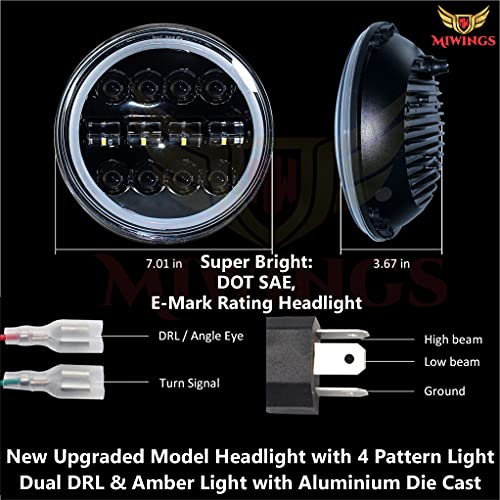 Image of Miwings 7 inch Round LED 4DR8CB Hi /Low Beam Amber & White Headlight 75W H4 Compatible with Royal Enfield, Jeep, Thar, motorcycle, Cars, Harley Davidson