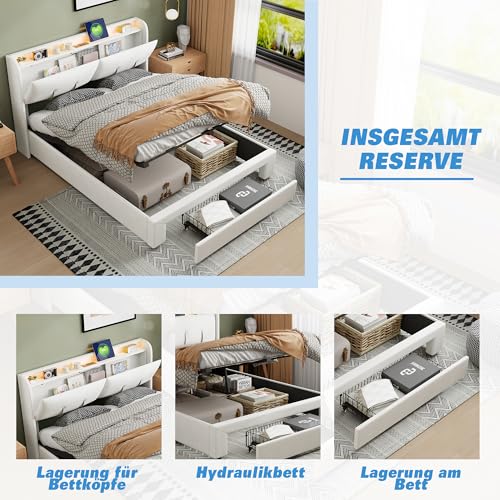 Bett 140x200 mit Stauraum Polsterbett Doppelbett mit 2 USB- und AC-Ladefunktionen Hydraulisch Stauraumbett Funktionsbett mit LED-Beleuchtung und 1 Schubladen(Ohne Matratze (140 x 200 cm) – Bild 7