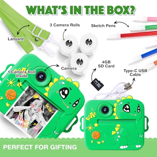 Image of Wembley DIY Instant Print Camera for Kids 3+| Includes Print Rolls, 4GB SD Card & Strap| Fun & Rechargeable Birthday Gift for Boys & Girls (Dino)