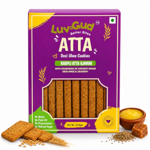 LuvGud Better Bites Khapli Atta Ajwain Desi Ghee Cookies 250g | Ancient Grain Emmer Wheat Biscuits | Made with Pure Jaggery & Desi Ghee | High Fiber Tea Time Cookies | No Maida No Palm Oil No Refined Sugar No Preservatives