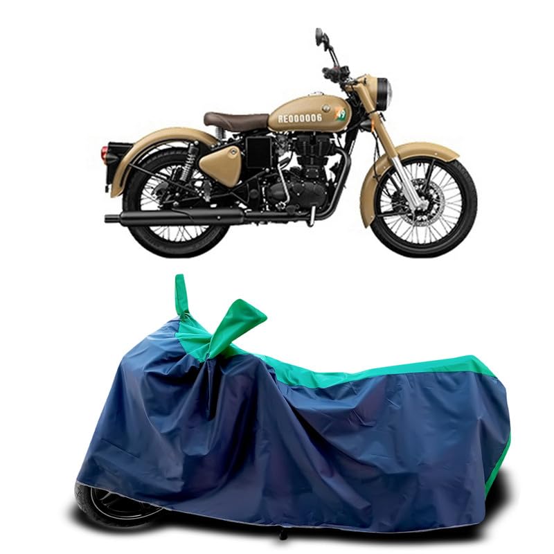 Image of DUFFEL-Two Wheeler Bike Cover Compatible for Royal Enfie Classic 350 Signalsv Bs6 Heat Protectio /UV-Rays /Birds Dropping /DustProof /Waterproof Indoor Outdoor and Parking Full Protection [Green Patta]