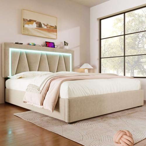 Letto Matrimoniale 160x200 Con Illuminazione LED 360°, Testiera Con USB E Type-C, Spazio Di Stoccaggio Idraulico Beige Lino Senza Materasso 96312622