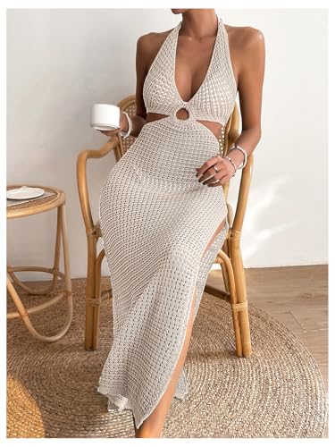 GORGLITTER Women's Crochet Dress Halter Backless Split Thigh Knit Swimsuit Coverup Dress4