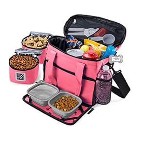 Mobile Dog Gear, Week Away Dog Travel Bag for Small Dogs, Includes Lined Food Carriers and 2 Collapsible Dog Bowl, Pink Mobile Dog Gear Week Away Dog Travel Bag for Small Dogs Includes Lined Food Carriers and 2 Collapsible Dog Bowl Pink