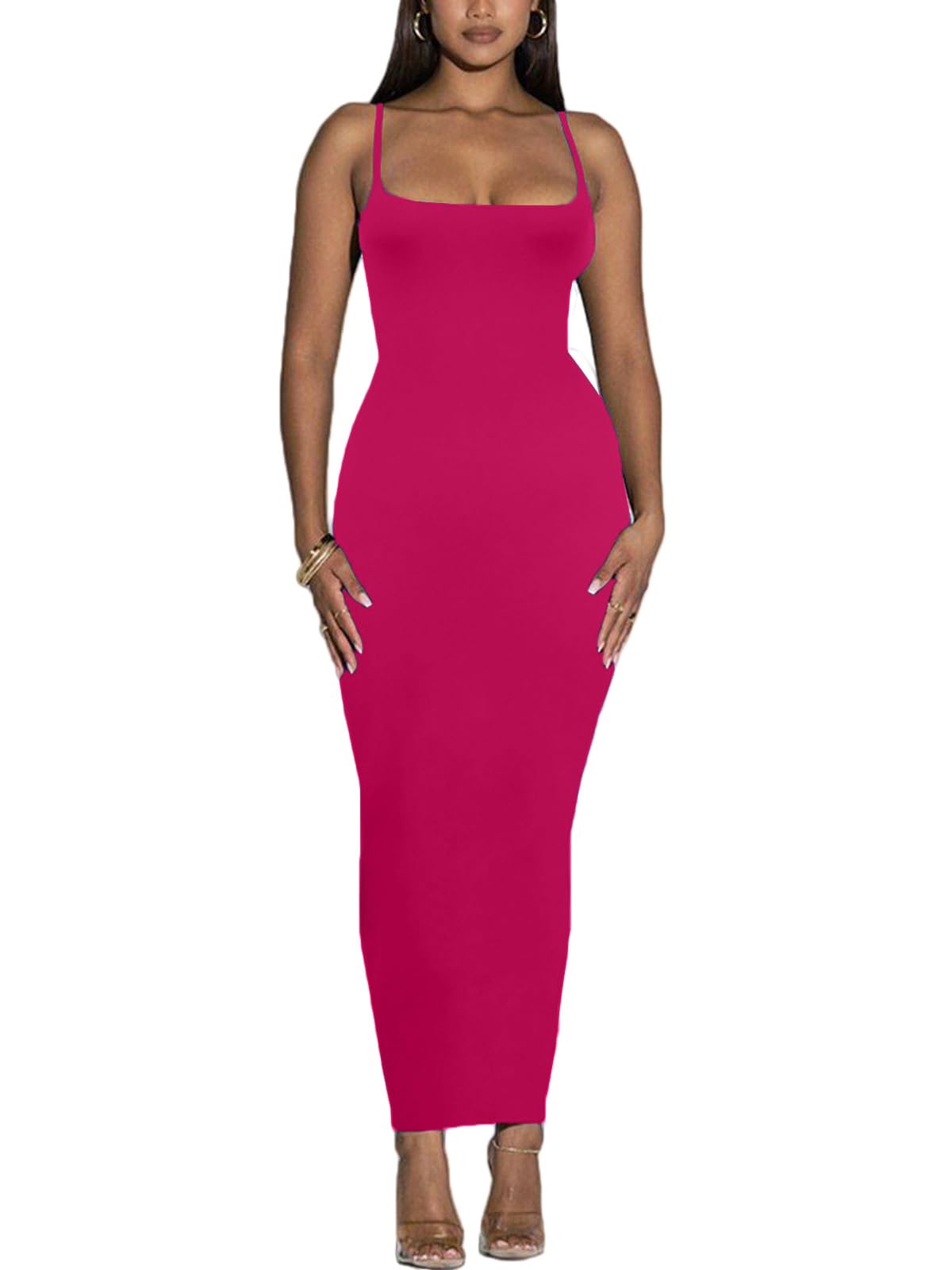Women's Spaghetti Strap Bodycon Dress - Summer Casual Maxi Club Party Long Tight Slip Dresses