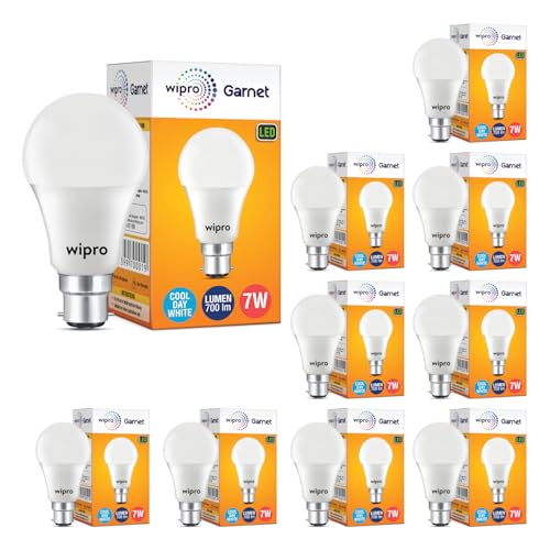 wipro Garnet 7W LED Bulb for Home & Office |Cool Day White (6500K) | B22 Base|220 degree Light coverage |4Kv Surge Protection |400V High Voltage Protection |Energy Efficient | Pack of 10