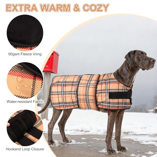 Image of BEAUTYZOO Dog Winter Coat for Large Dogs, Waterproof Oxford Canvas Jackets | Warm Fleece Great Dane Sweater, Reflective Cold Weather Coats, Windproof Blanket Clothes for Female Male, Khaki Plaid L