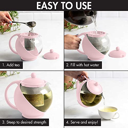 Image of Primula Half Moon Teapot with Removable Infuser, Glass Tea Maker with Reusable Fine Mesh Stainless Steel Filter, Dishwasher Safe, 40-Ounce, Pink