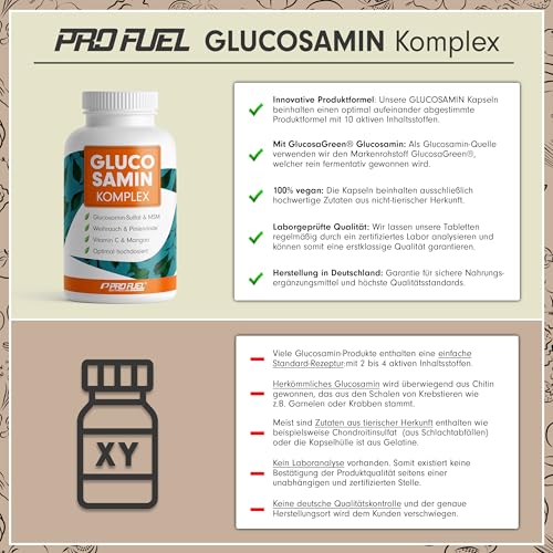 Glucosamin Komplex 180 Kapseln - innovative 10-in-1 Formel mit Glucosamin, MSM (Methylsulfonylmethan), Teufelskralle, Ingwer, Pinienrinde, Mangan & Vitamin C - laborgeprüft mit Zertifikat - 100% vegan