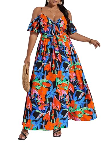 Image of Floerns Women's Plus Size Cold Shoulder Short Sleeve Split Thigh Long Dress