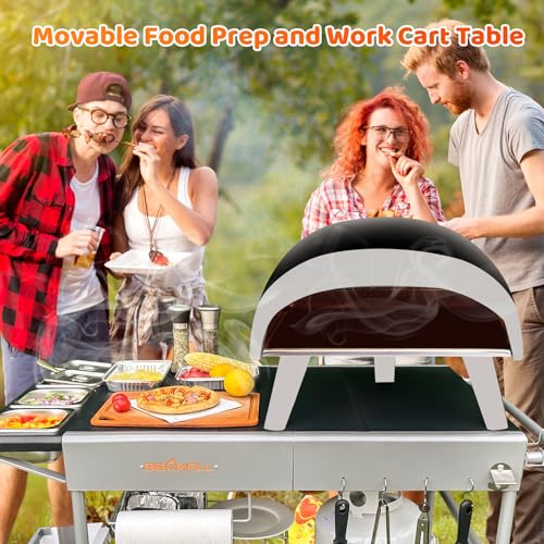Pizza Oven Cart Table and 6 Pcs Pizza Steel Set for Ooni Koda/Karu/Fyra 12, Movable Food and Prep Workcart and 13" Square Pizza Steel with Pizza Peel & Dough Pizza Cutter & 20pcs Cooking Paper