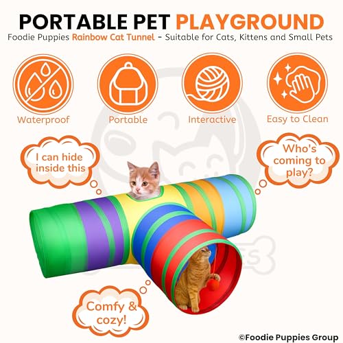 Image of Foodie Puppies 3 Way Rainbow Cat Tunnel Toy - Foldable Interactive Pet Play Tunnel with Hanging Ball for Cats, Kittens, Rabbits, and Guinea Pigs | Indoor /Outdoor Puzzle Exercising Hiding Training Toy