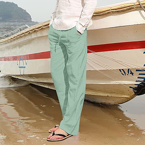 Men's Cotton Linen Pants Elastic Waist Drawstring Casual Trouser Lightweight Straight-Legs Loose Beach Yoga Pants2