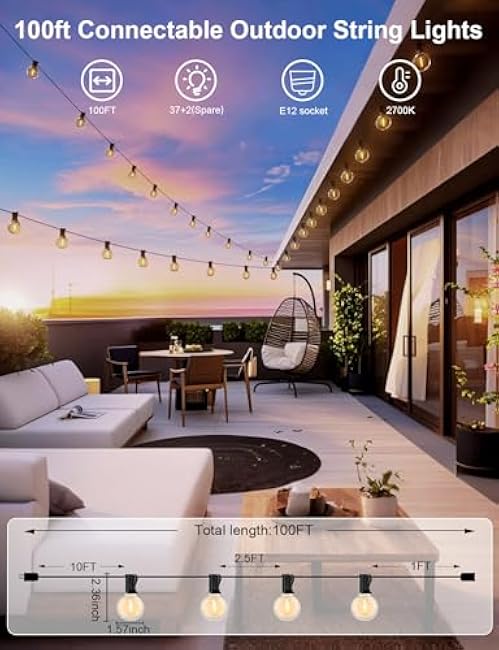 RTTY Outdoor String Lights 100 FT Globe LED Patio Lights with G40 Plastic Bulbs,Waterproof Shatterproof Dimmable Connectable Hanging for Backyard Porch Balcony Party Cafe Deck Decor
