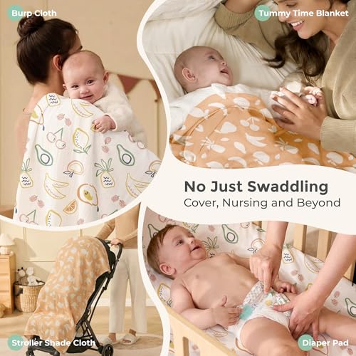 Image of Momcozy Muslin Swaddle Blankets, 4-Pack Breathable and Skin-Friendly Receiving Blankets, Best Wishes Swaddle Blanket Shower Gifts & Baby Registry Essentials, Large 47 inchx47 inch, Fruits Party