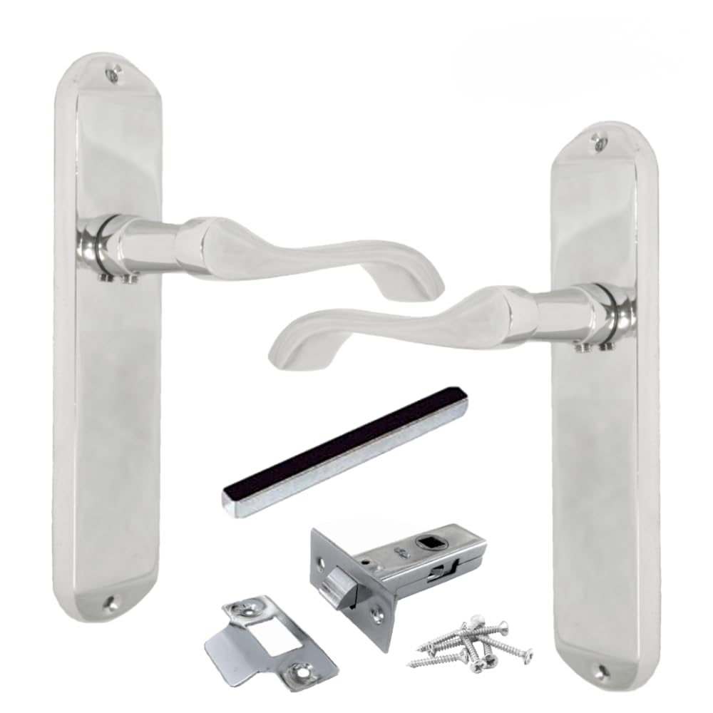 Epsom Door Handle Cadenza Victorian Scroll Lever Latch – Polished Chrome Interior Door Handle Set with Tubular Latch, 178mm x 40mm Backplate, Classic Scroll Design for Home & Office Doors