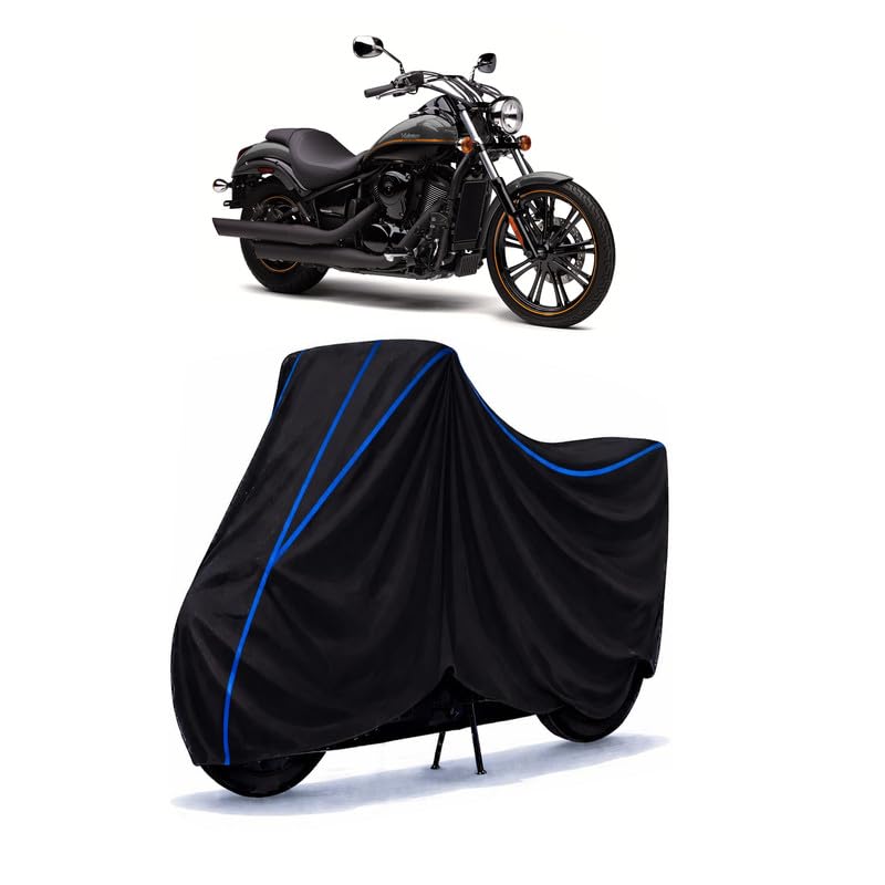Image of Vulcan 900 Bike Cover Water Resistant Universal Motorcycle Rain | Heavy Duty UV Protection, Dust, Scratch Indoor Outdoor All Weather with Black Blue Piping Elastic