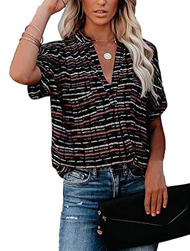 Allimy Women Summer Casual Split V Neckline Floral Chiffon Blouses Loose Tunic Short Sleeve Tops3