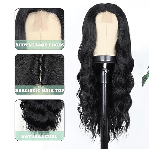 WERD Long Black Wavy Wigs for Women Black Curly Wig with Middle Part Synthetic 26 Inch Natural Looking Black Wig for Daily Party Use - Image 3