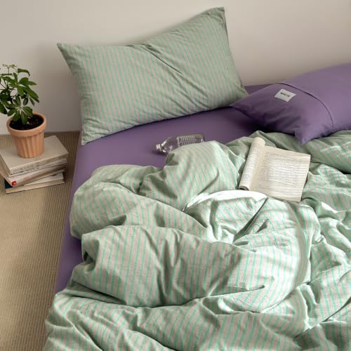 Image of Striped Duvet Cover Set Washed Cotton,King(104 inchx90 inch),Pinstripes Green