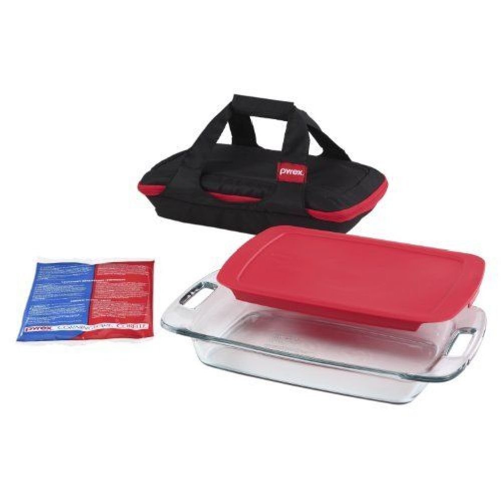 Pyrex Easy Grab 4-Piece Glass Baking Dish with Lid and Insulated Carrier, Glass Baking Dish with Insulated Bag and Hot/Cold Pack, Non-Toxic, BPA-Free Lid, Bakeware Set and Food Delivery Bag