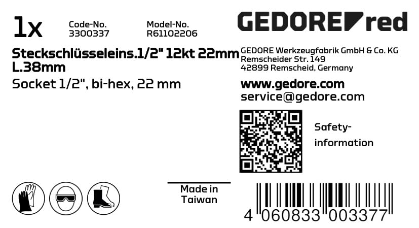 GEDORE Red Socket Spanner Insert 1/2 Inch 12-Point Metric Short Spanner Width 22 mm - Image 2