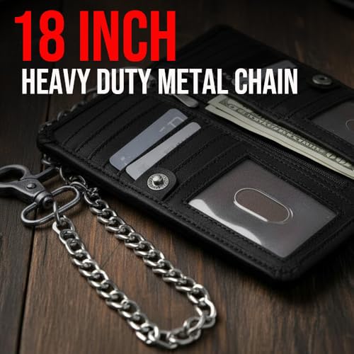 Image of CLASSIC Motorcycle Chain Wallet for Men - Premium Cowhide Leather, RFID Bi-Fold Biker Wallet with Heavy Duty Chain for Bikers Truckers & Hunters, Credit Card Money Organizer Long Wallet Aniline Black