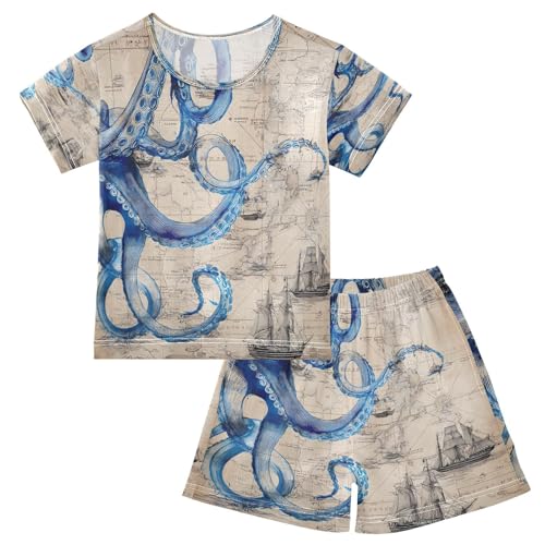ALAZA Nautical Map Blue Octopus Kraken Ship Pajamas Set Short Sleeve Cotton Sleepwear Summer Pjs 2 Piece 5-14Y