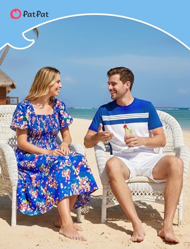 Image of PATPAT Family Matching Outfits Mommy and Me Dresses Floral Dress & T-Shirts | Mommy and Me Easter Dresses, Puff Sleeve Floral Sundress, Cotton Blend T-shirts, Couples Party Wedding Vacation Outfits