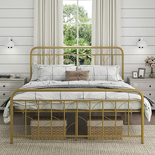 Metal Platform Bed Frame, Noise Free Non Slip Mattress-Foundation Modern Bedframe With Headboard And Footboard, Heavy Duty Steel Slats Support With Large Storage Space Bed Base (Gold, Queen) #TOP3