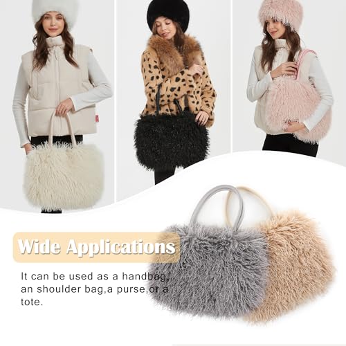 Image of Women's Fuzzy Tote Bag Curly Handbag Furry Shoulder Bag Large Plush Top Handle Purses Winter