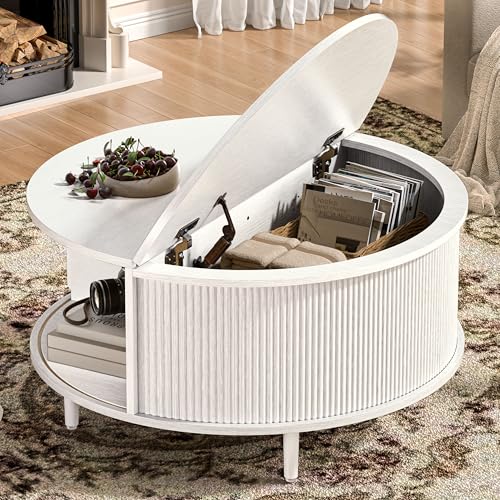 Image of Round Coffee Table, 31.5 inch Fluted Center Table with Storage, Lift-Top Coffee Table with Adjustable Footpads, Sliding Door, Mid-Century Modern Center Table for Living Room, Small Space (Pure White)
