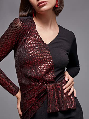 Image of Miss Chase Women's V-Neck Full Sleeve Embellished Asymmetric Regular Length Polyester Jumpsuit with Pockets