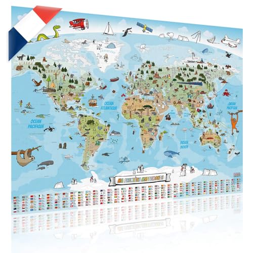 Carte du monde panoramique pour enfants XXL en français - 140x100cm Décoration murale chambre enfant; Entièrement dessinée et coloriée à la main