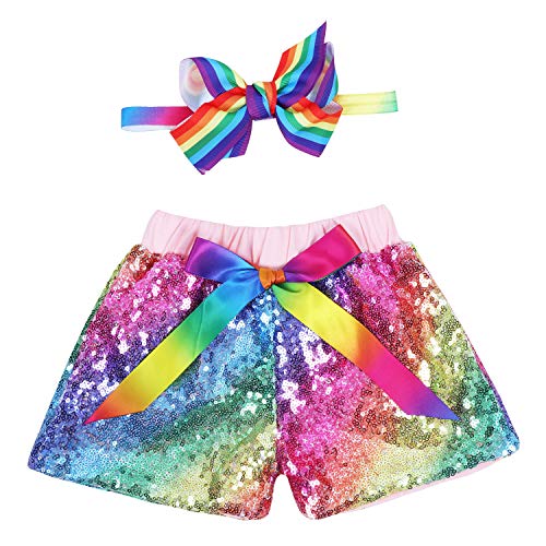 Baby Girls Shorts Kids Sparkle Toddler Sequin Shorts Glitter on Both Sides Birthday Outfits Headband Unicorn Rainbow Pink 6T