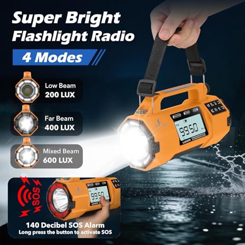 Image of Emergency FM /AM /SW Weather Radio, Big Flashlight /Speaker,Type-C,Sleep Timer Alarm Clock, Solar Hand Crank Charge, 5000mAh Replaceable Battery,Cell Phone Charger Hurricane Survival kit