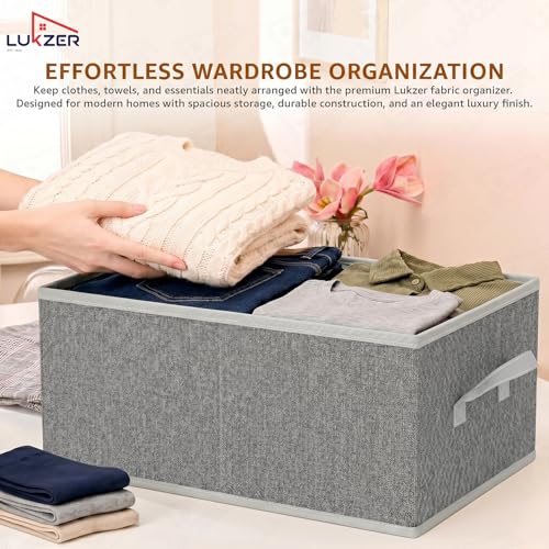 Image of Lukzer 3Pc's Grey Foldable Clothes Organiser Storage Box Stackable Space-Saving Wardrobe Organizer for Storage with Handles & Rust-Free Multipurpose Organizers Basket for Almirah Cupboard Pants Jeans