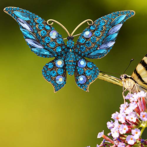 Image of FEELMEM Crystal Rhinestone Butterfly Brooch Pin Blue Color Butterfly Brooches for For Women Wedding /Banquet /Birthday Party
