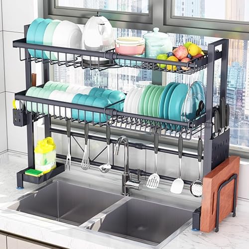 Scolapiatti Pieghevole a 2 Livelli in Acciaio Inox sopra Il lavello per Ciotole, Piatti, Bicchieri da Vino, taglieri e spugne (Nero 97 * 27 * 81 cm)